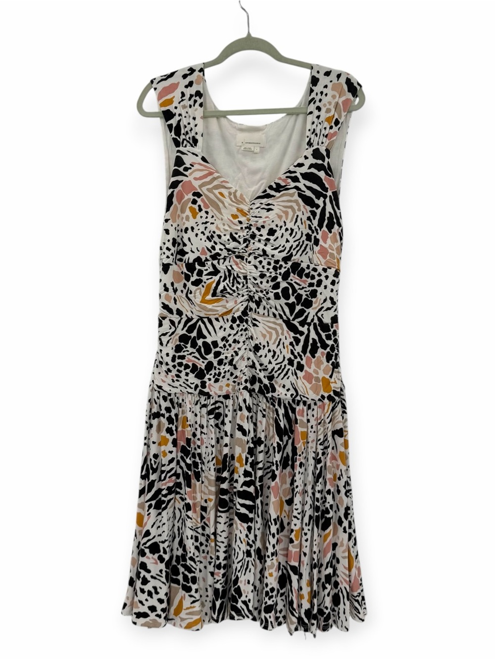 Anthropologie Ramona‎ Dress Jersey Ruched White Animal Print Size Large